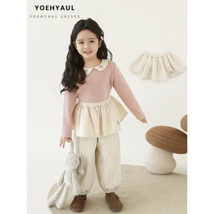 YOEHYAUL S1831 1-8T Elastic Waist Belt for Girls Beige Checkered Rabbit Embroidery Lace Belt for Girls.