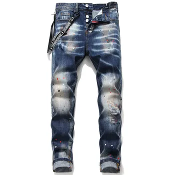 European and American for Tide Blue Hole Patch Paint Personality Male Ribbon Pendant Men's New Jeans