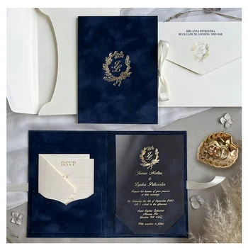 Top Rated Black Hardcover Folio Wedding Gold Foiling Acrylic Invitation Card With Velvet Envelope And Rsvp Cards