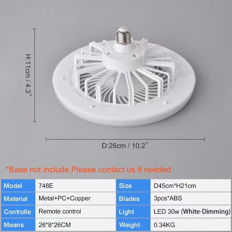 Easy Install Mini Socket Fan Dimmable 3 Wind Speeds Remote Control Base Enclosed E27 Ceiling Fan for  Bedroom Kitchen