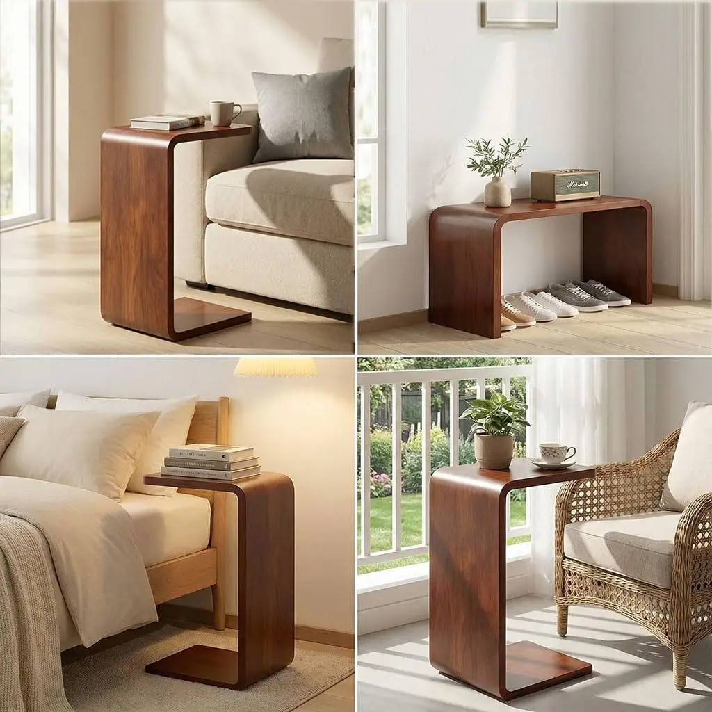 product walnut wood c shaped end table curved slide under couch side table sofa arm snack table for small spaces bedroom living room-8
