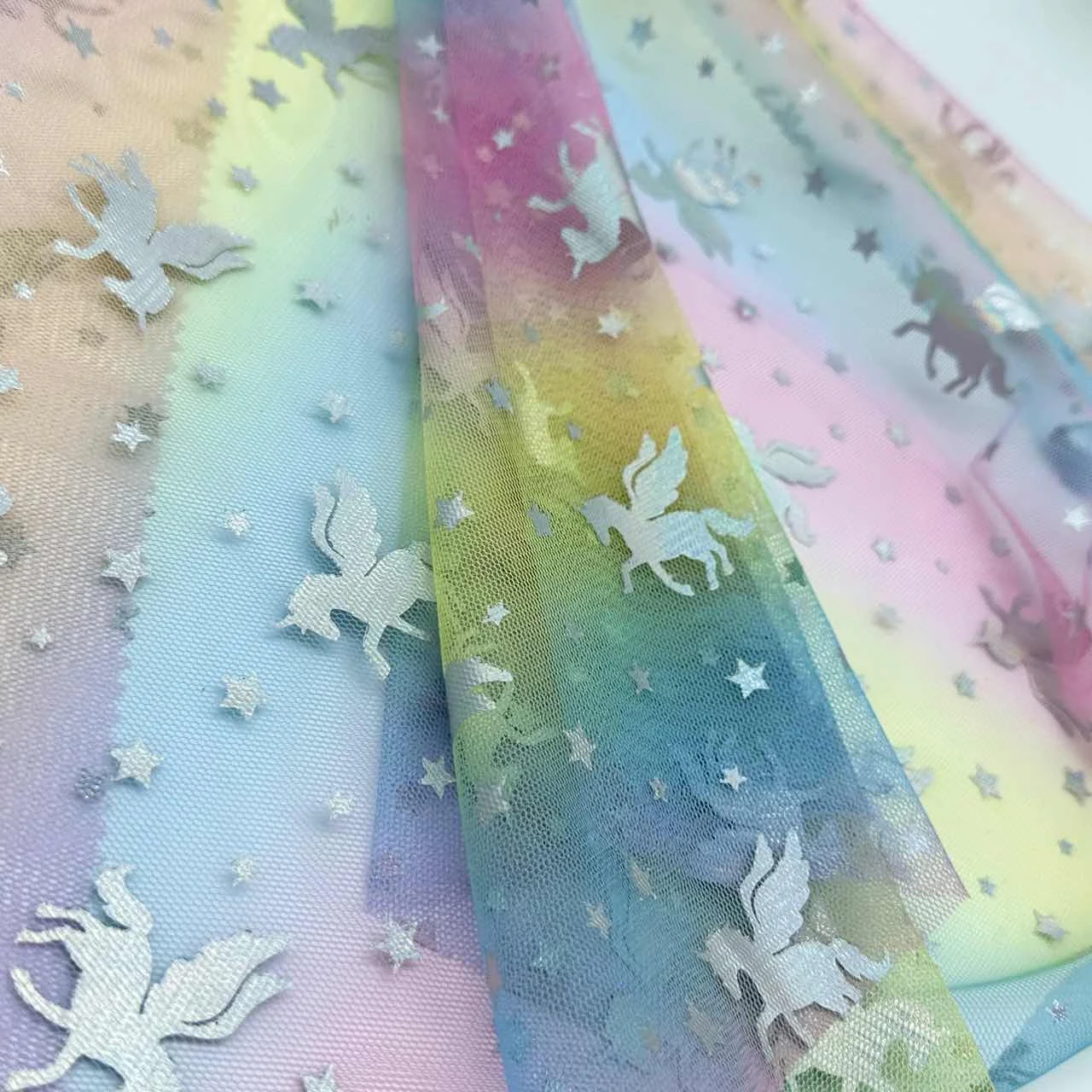 100% Polyester rainbow unicorn Colorful Gradient Dress Sequin Tulle Gold Foil Print Fabric for Children Clothing
