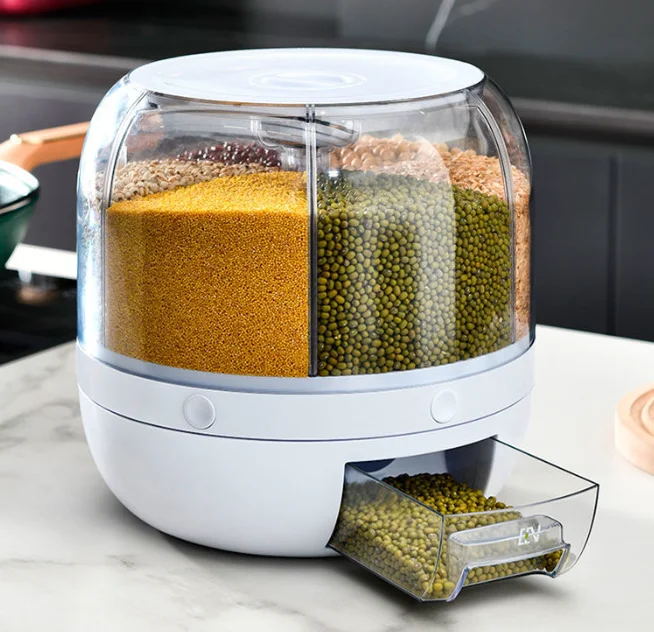 OWNSWING Grain Dispenser 360 Rotating 6 Grid Food Dispenser Rice and Grain Storage Container
