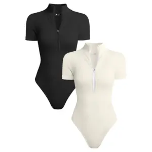 OQQ New Women's Seamless High Collar Short Sleeve Yoga Tight Bodysuit Sports Clothing with Zipper Jumpsuit