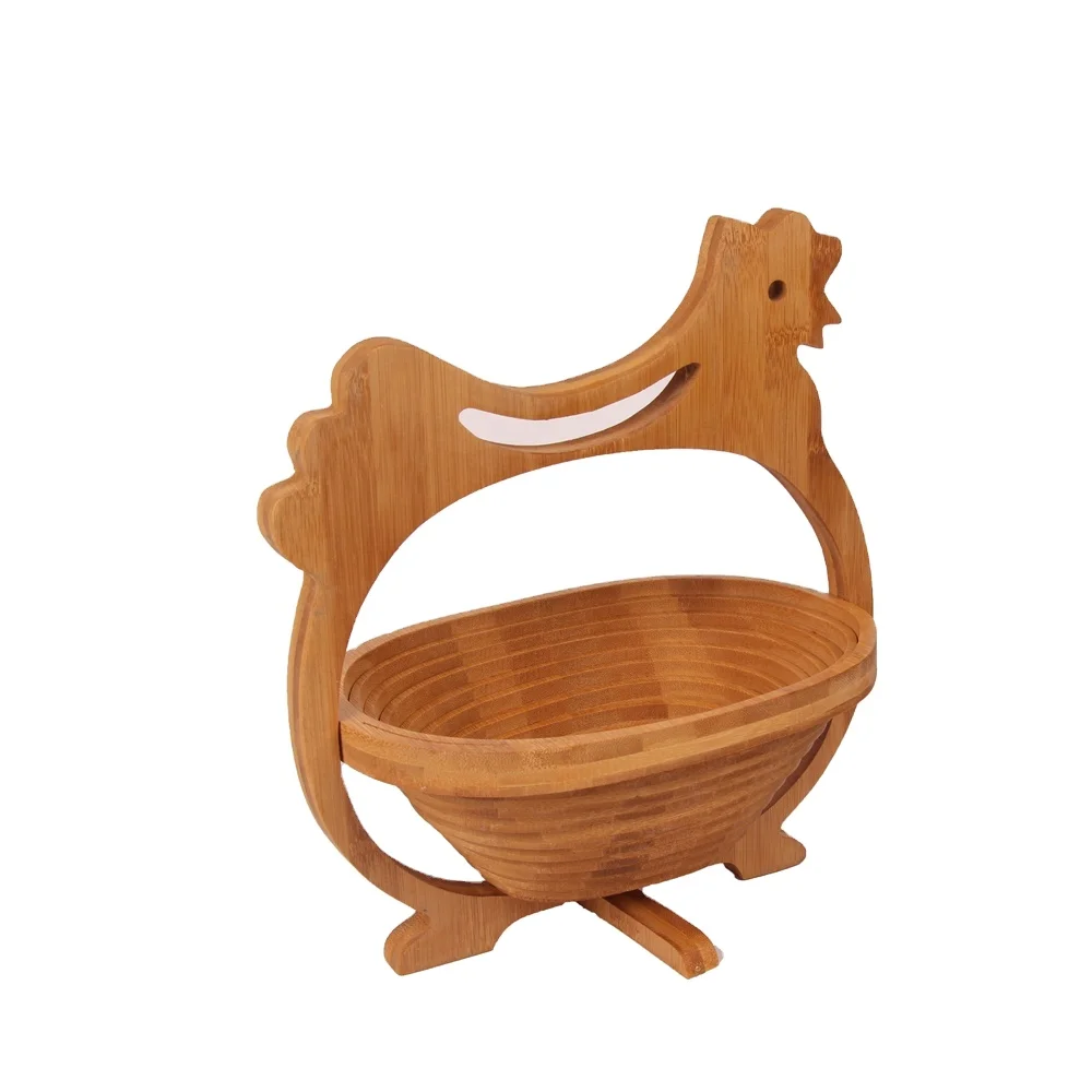 The Cock Shape Folding Serving Apple Basket Bamboo Fruit Basket With Handle