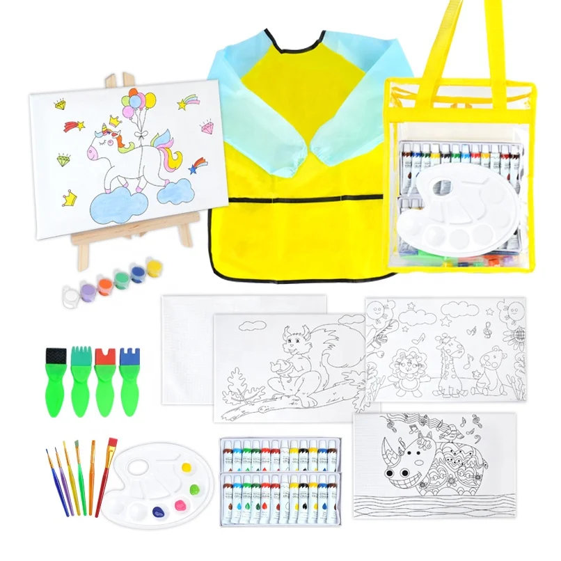 Assorted Painting Drawing Tools With Canvas Panel In Clear Durable