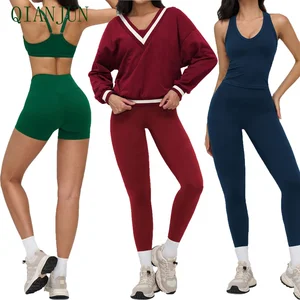 High Quality Women's Gym Fitness Yoga Set V-Neck Fitness Sweatshirt Long Sleeve Casual Outerwear Running Suit