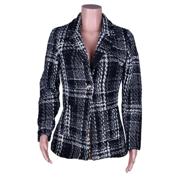 women's clothing 2022 autumn/winter new sales of real pocket blazer wool jackets black and white tweed long warm winter formal