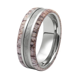 Dome TIZTI Fashionable Ring Elk Antler and Muonionalusta Meteorite Inlay Grey Tungsten Carbide Ring for Men