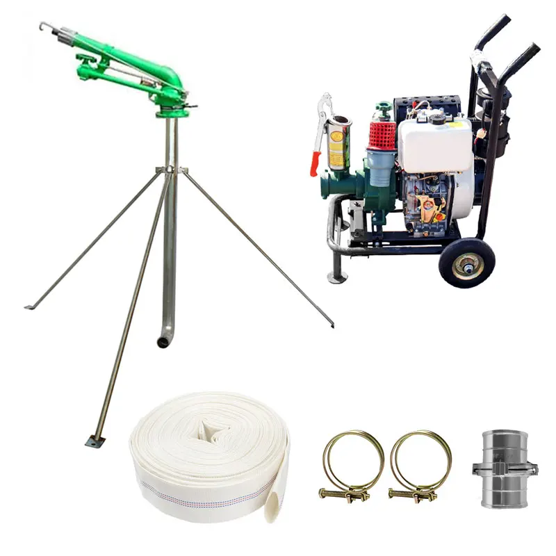 China Manufacture Watering Spray Gun Sprinkler Full Kit Pump 12 hp Engine 200 Meters Hose Pipe Farm Irrigation Sprayer Rain Gun