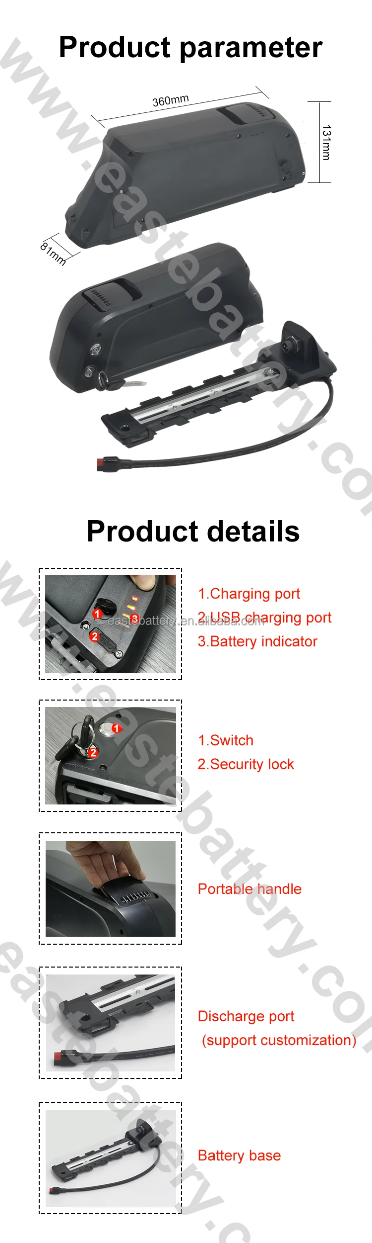 DownTube 48V Li-ion Dolphin Battery Case Box With USB & Switch For Ebike