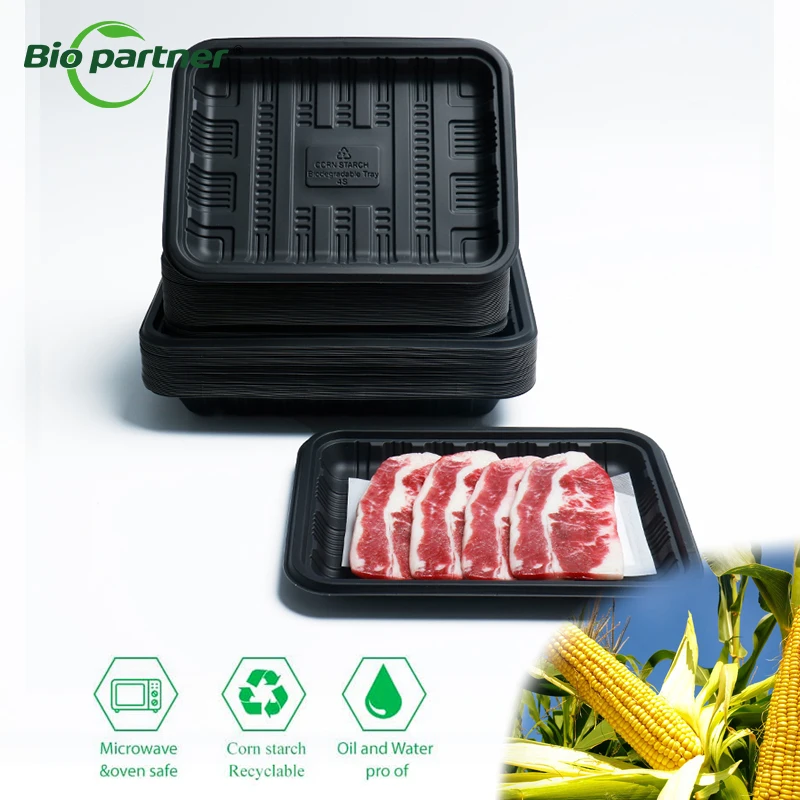 Biodegradable Cornstarch Meat Tray Fresh Fish Chicken Fruit Eco-Friendly Blister Black Display Frozen Food Foam Tray Disposable