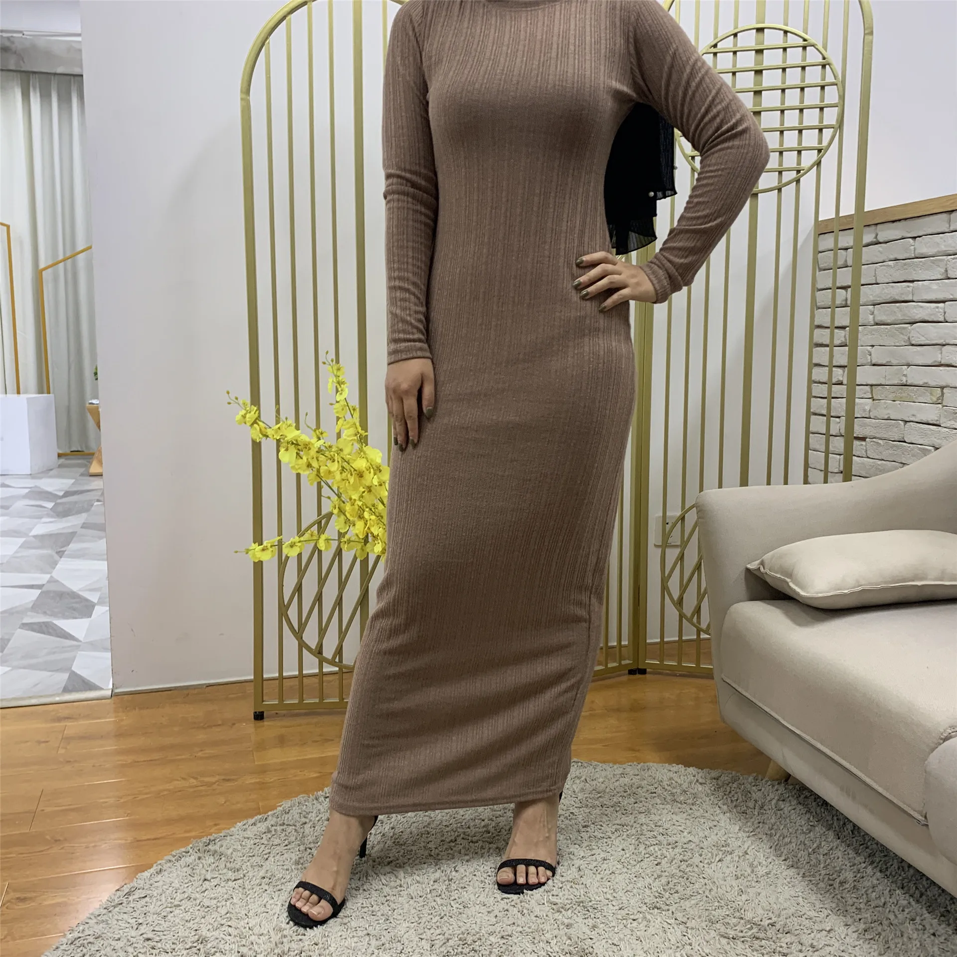 MW Wholesale Bodycon Maxi Dress Long Leeve Islamic Tyle Ladies Modest Wear Women's Maxi Length Ribbed Knit Dress,2 Pieces