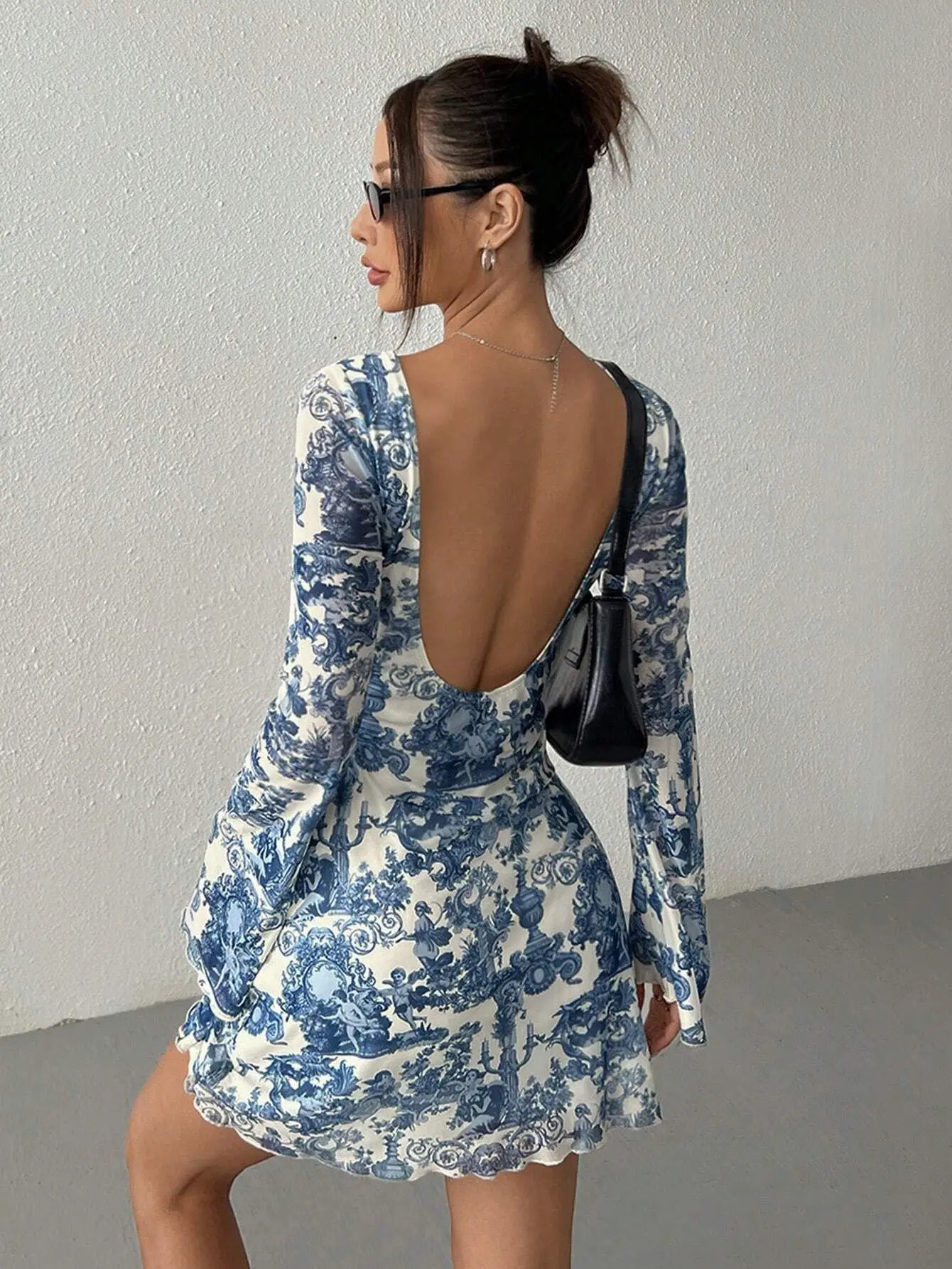 2025 Spring Summer Women's Floral Printed Bell Sleeve Backless Mesh Dress  Casual Plus-Size Party Style