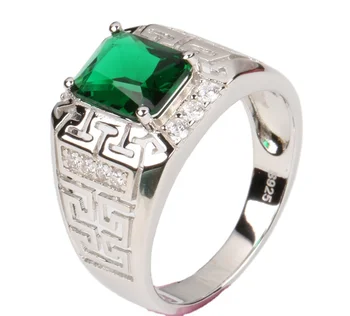 Hip Hop Colored Stones Men Solitaire Rings Customized 925 Sterling Silver Diamond Emerald Cut Gemstone Ring