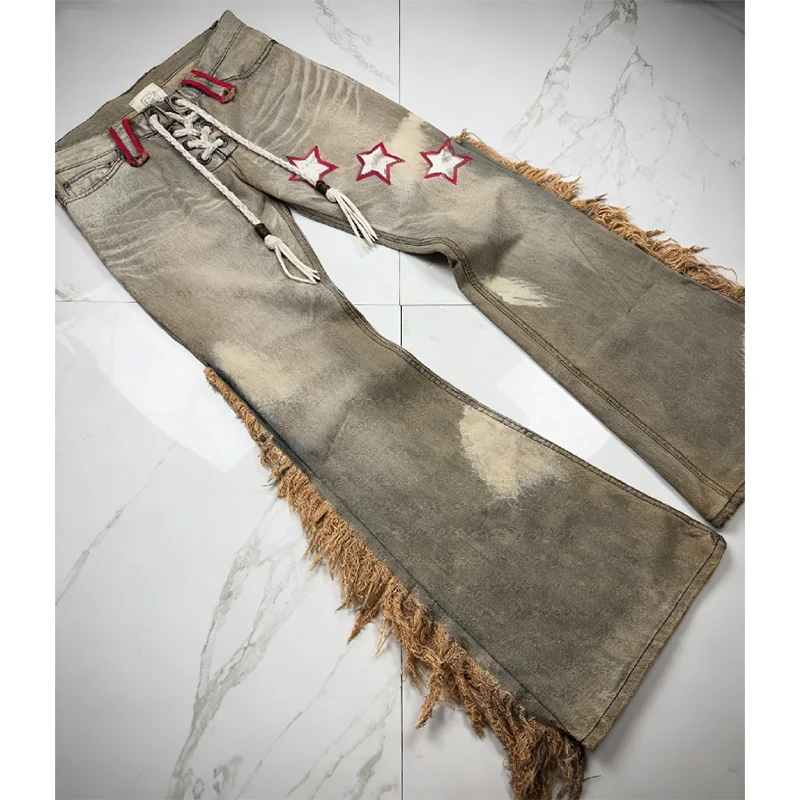 Men's Jeans Manufacturer Premium Wide - Leg Flare with Full - Length Fringe Hip Hop Stretch Ripped Denim Streetwear