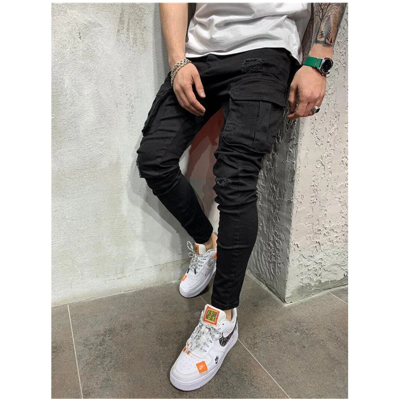 2021 Popular Style Men Multi Pockets Cargo Pants Stretchy Slim Fit Ripped Jeans