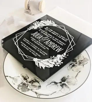 Geometric Black Acrylic Wedding Invitations with White Ink Printed on Black Plexiglass Invites