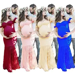Sexy Lace Off Shoulder Maternity Clothing For Photography Short Sleeve Pregnant Mermaid Dress