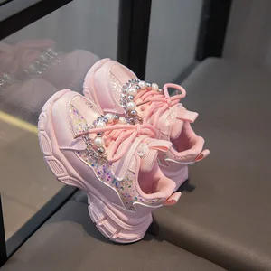 Spring and Autumn Children Flat Sole Pearl Sneaker Lace-up Sequin Shoes for Outdoor Sport Skateboarding