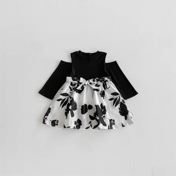 2025 European and American Little Girl Sweet Bow Long-sleeved Floral Dress Children's Ins Style Baby Children's Dress