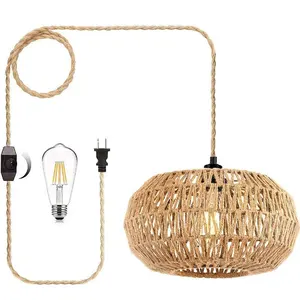 JACKSUN Coastal Beach Pendant Lamp Vintage Natural Simple Hand Woven Iron Rope Adjustable Height Ceiling for Home Bar Room