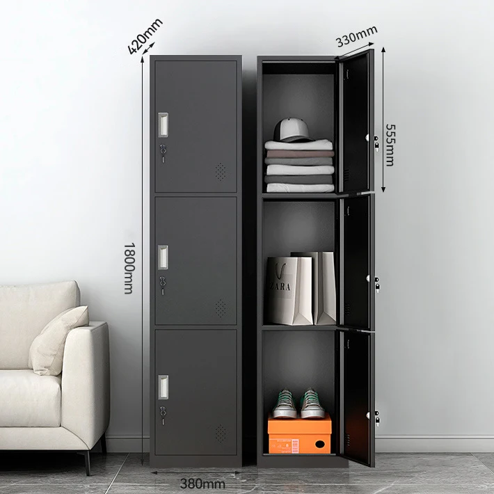 Black Steel Three Door Locker for School, Office, and Gym Storage