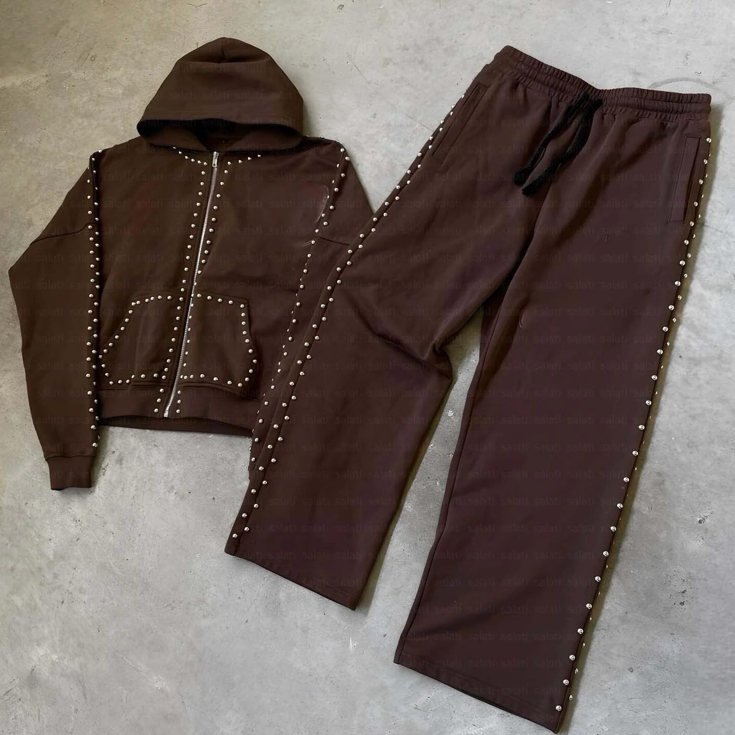 Custom Men Winter Zip Breathable Hoodie Jogger Sweatpants Blank Embroidery Tracksuit Rivet Lightweight Flared Stacked Unisex gallery 9
