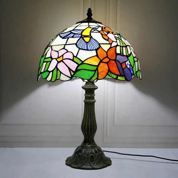 LongHuiJing Tiffany style Lamps 18 Inch Tall Colourful Stained Glass lampshade Desk Light Accent Antique Tulip Style Art lamps