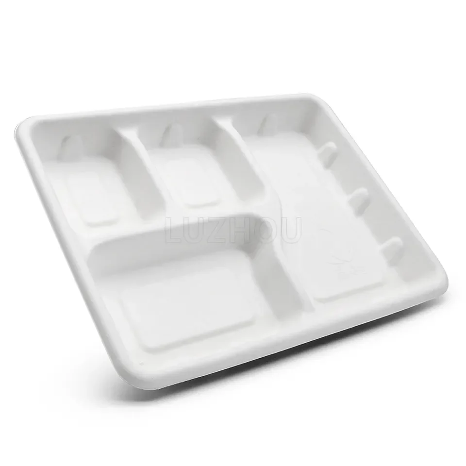 Oasis Large 4 Compartments Disposable Biodegradable Square Tray Compostable Sugarcane Bagasse Food Tray for Camping
