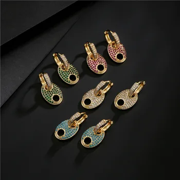European Gold Plated Cubic Zirconia Hollow Geometric Dangle Earrings Multi Color CZ Zircon Double Hole Pig Nose Drop Earrings