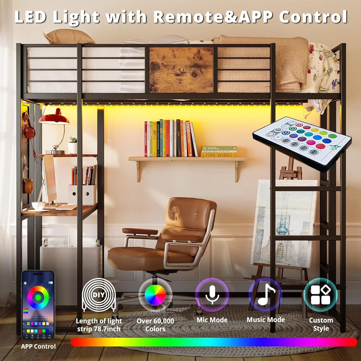 Factory Wholesale Metal Loft Bed Double Bed with Desk and Shelf 2 Built-in Ladders Power Outlets & LED Lights for Hotel Use