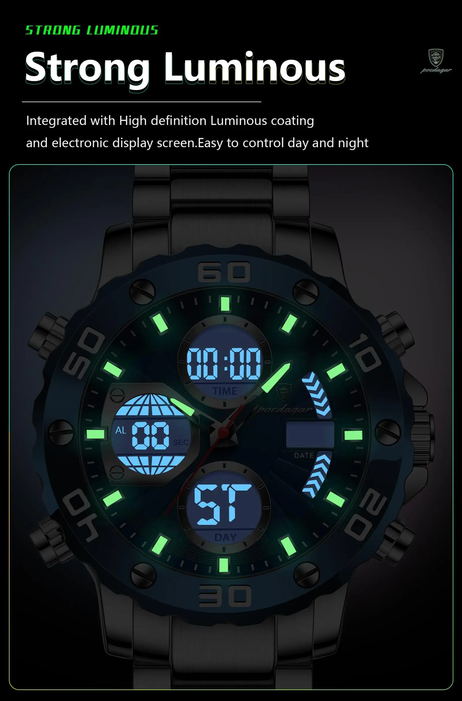 POEDAGAR E102 New Men Fashion Digital Quartz Movement Men Electronic Watches Led Dual  Display Luminous Stainless Watch for Male