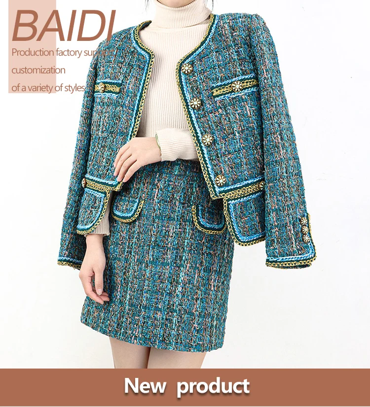 Factory price heavy woven women's jacket set high-waisted tweed two-piece women set