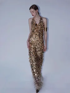 Bettergirl Spring 2026 New Mesh Sequin V-neck Halter Golden Long Dress Backless Luxury Birthday Party Elegant Evening Dress