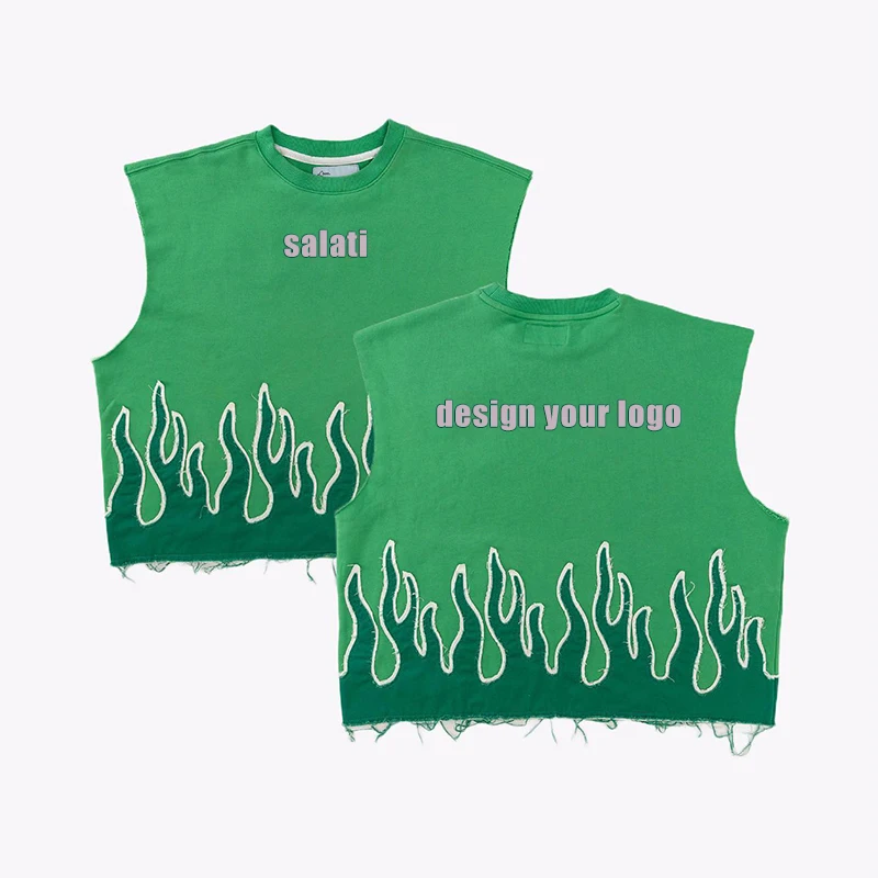 Men's Shirts Custom 3D Reflective Print Flame Graphic Raw Hem French Terry Cut and Sew Cotton Sleeveless Cropped Tshirts T-shirt gallery 8