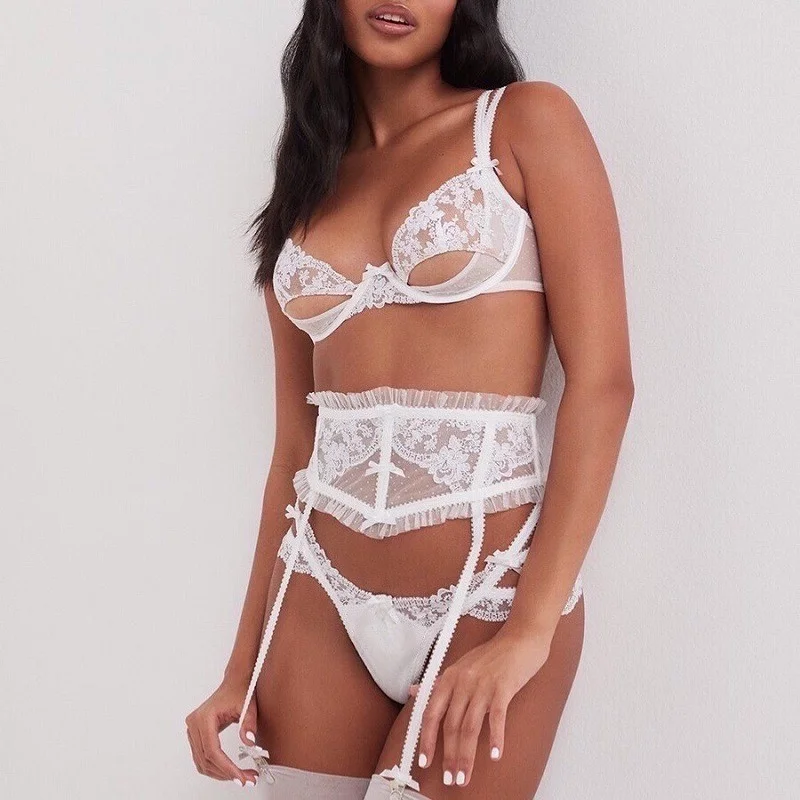 French-Style Garter Belt Set with Ultra-Thin Sheer Lace Bra Clip-On Stockings Waist Cincher