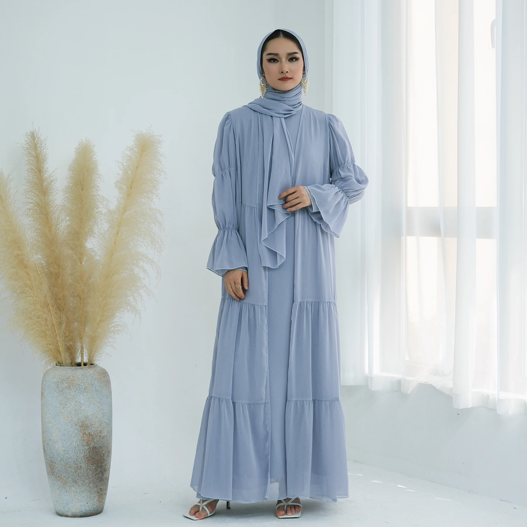 Loriya New Solid Color Chiffon Abaya 2pcs Modest Set Dubai Dress Set Fashion Abaya Muslim Dresses Inner Women Dress Front Abaya