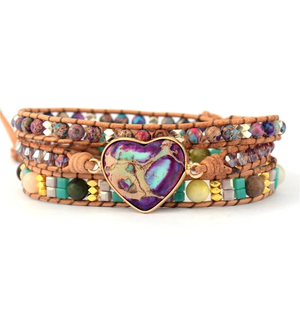 New Trendy Boho Chic Leather Wrap Bracelet With Heart Natural Stone