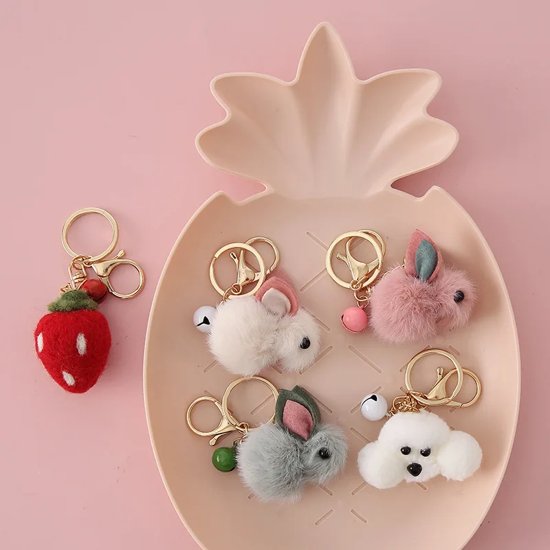 Keychain Knitted Stereo Creative Cute Animal Shape Phone Bag Car Rabbit  Keychain Valentine's Day Use,Pink 