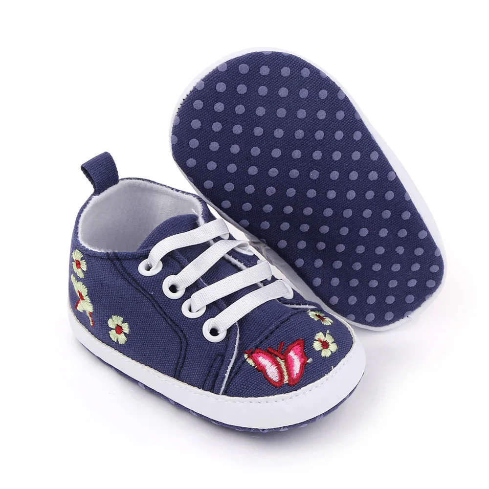 Infants Solid Color Embroidered butterfly Elastic Soft Soled Baby Canvas Walking Shoes details