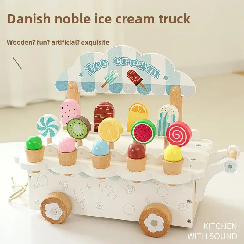 Pretend Game Wooden Ice Cream Truck Playing House Cute Style Parent-Child Interaction Birthday Gift Wood Toys For Kids