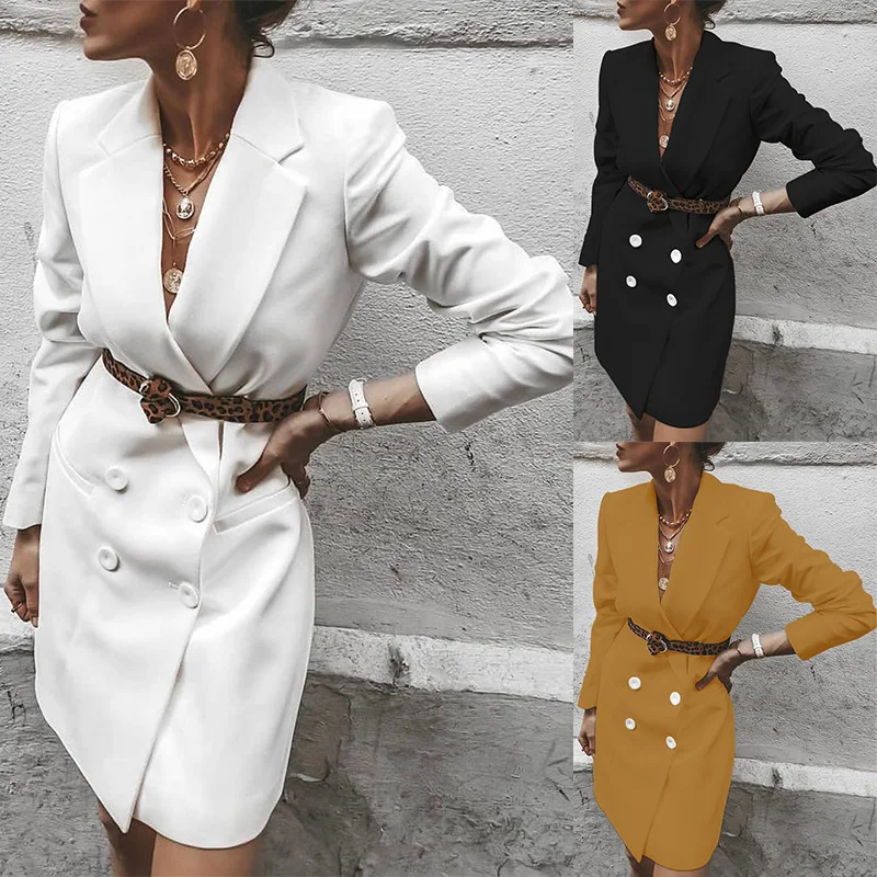 Autumn New Double Breasted Blazers Women Chic Blazer Fashion Office Lady Casual Long Suit Coat Outerwear Tops Plus Size - Buy Outerwear Sexy Women Blazer Tops,Solid Color Long Blazer Jackets For