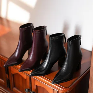 OEM/ODMAnkra Red Women's Short Boots Elastic Thin Pointed Thick Heel Zipper High Heel Tube Fall/Winter Height Increasing