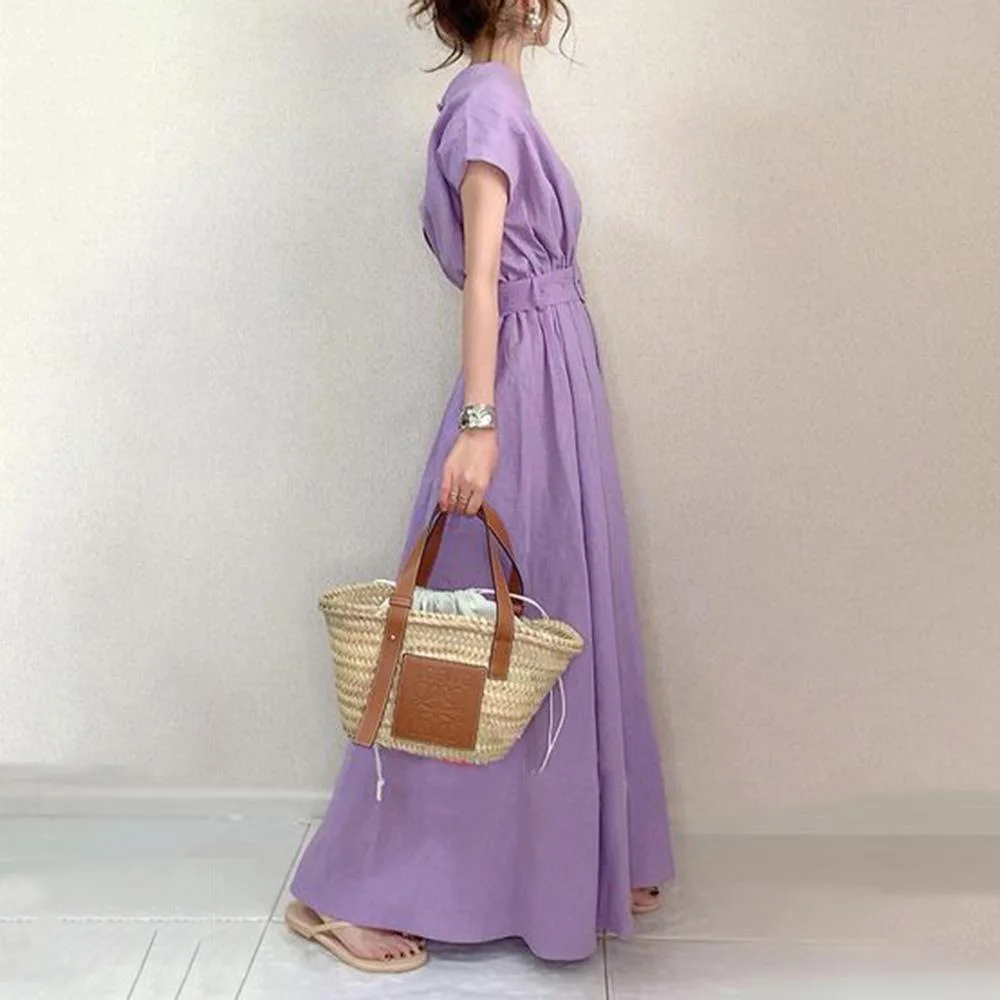 Wholesale 2025 Summer New Style Simple Literary Japanese Style Large Swing  Skirt Slim Fit Waist Loose Large Size Dress