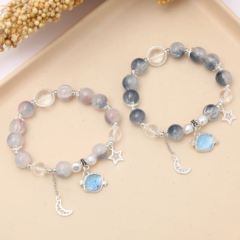 Trendy Blue Crystal Star Moon Shell Bracelets Fashion Jewelry Stone Beaded  Elastic Charm Bracelets for Women for Gift