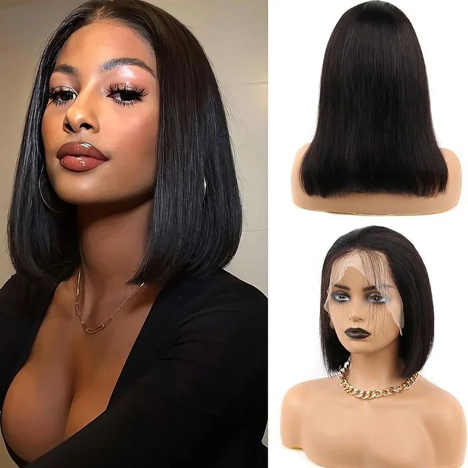 180 % glatte Bob-Perücke, brasilianisches Remy-Menschenhaar, 100 % Echthaar, kurze Bob-Perücke für Frauen, Nr. 350, natürliche Farbe, 13 x 4 Frontal-Spitzenperücke_voghion.com