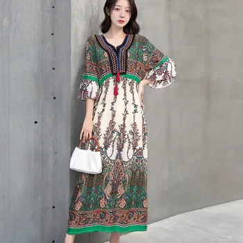 Southeast Asian Style Floral Dress European and American Summer New Bohemian Dress Vacation Style Printed Beach Dress