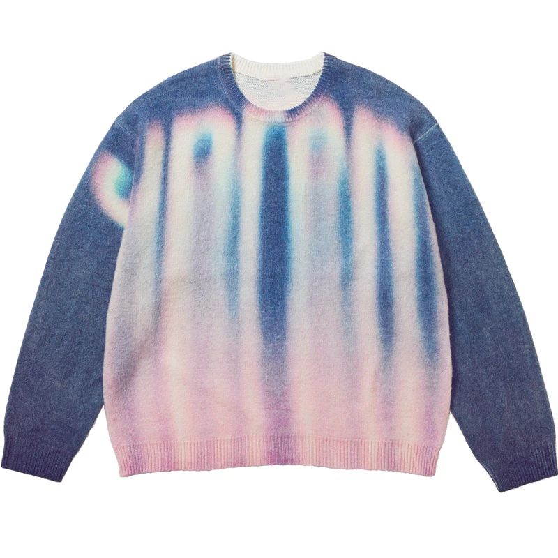 Senior Custom New Designer Blurred Logo Print Sweater Brushed Wool Blend Tie Dye Gradient Knitted Pullover Mohair Sweater Men