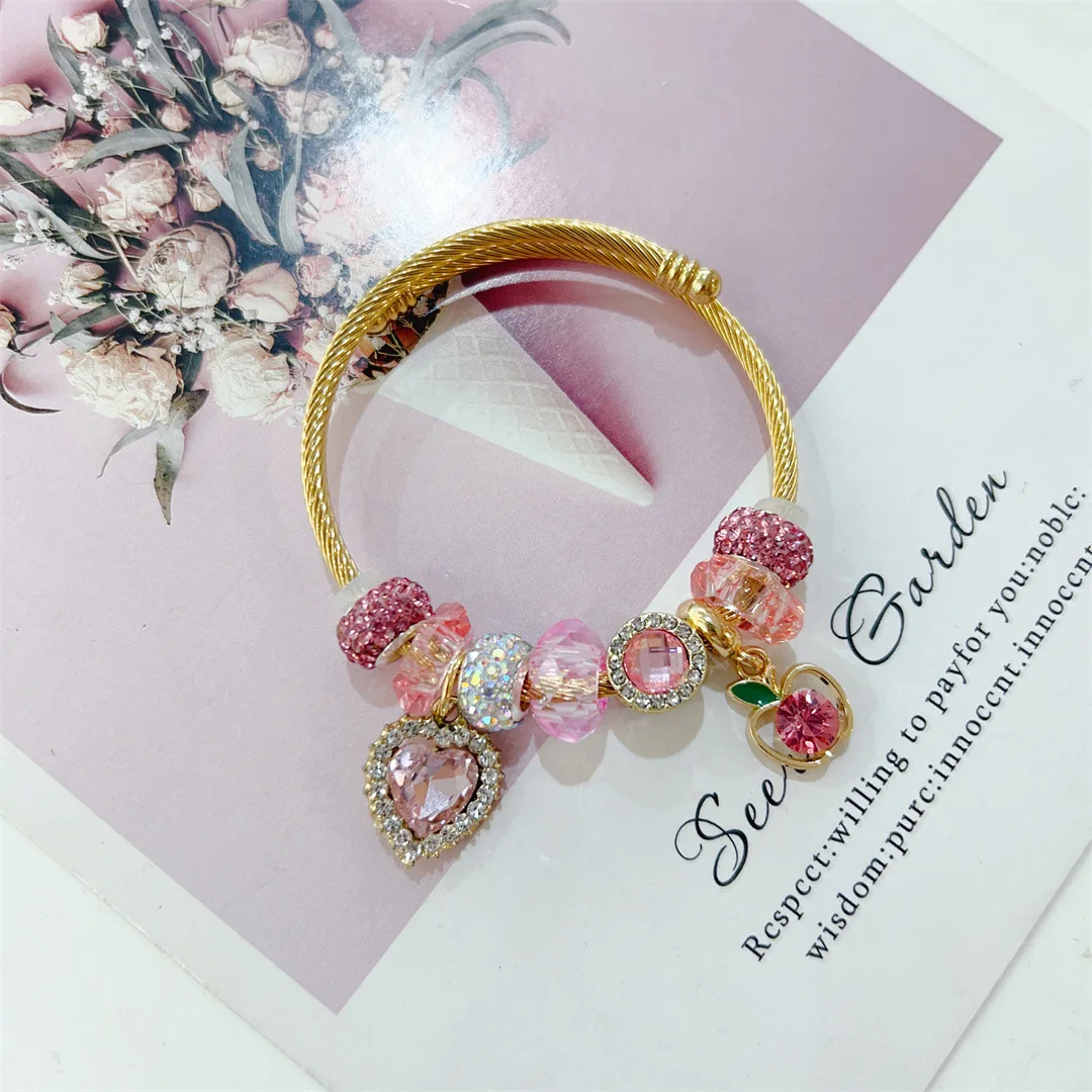 Hot Sale Gold Plated Stainless Steel Crystal Heart Charm Bracelet Large  Hole Beads Diamond DIY Charm Bracelet for Women - Main Image